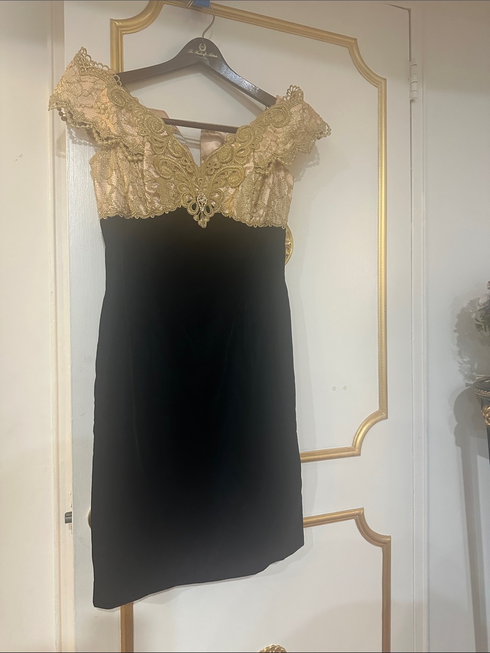 Scott McClintock Black Dress with Gold Lace off-Shoulder velvet bottom. Size 10